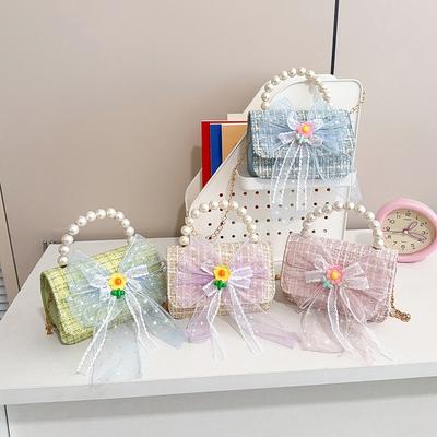 Children's Bag Female Cartoon Little Princess Messenger Bag Little Girl Pearl Handbag Chain Bow Change Bag