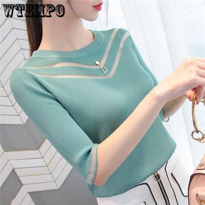 Chiffon Rundhals T-Shirt Damen Gestrickt Locker Mittel- Und Kurzarm Oberteil Frühling Sommer Shirt Damen