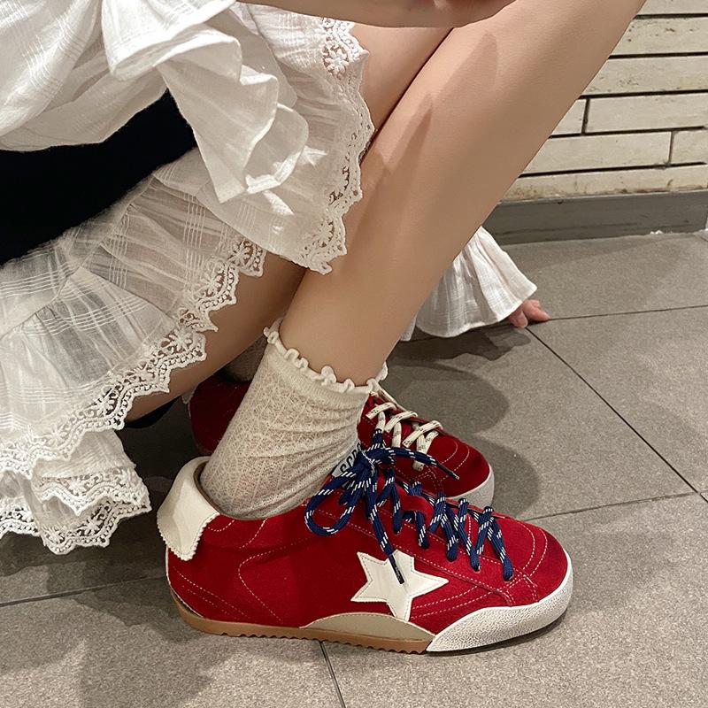 5CM Petite Height-Increasing Korean Color-Block Star White Retro Lace-Up Women's Casual Shoes