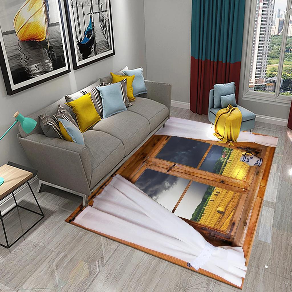 Tapete 3D Moderno Cenário de Janela Bela Vista Fora da Janela Tapetes Cozinha Banheiro Tapete Antiderrapante Sala de Estar Quarto Decoração Tapetes