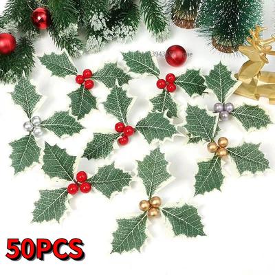 50-5Pcs Christmas Holly Leaves Artificial Red Berries Flower DIY Christmas Wreath Ornaments For Xmas New Decor Navidad