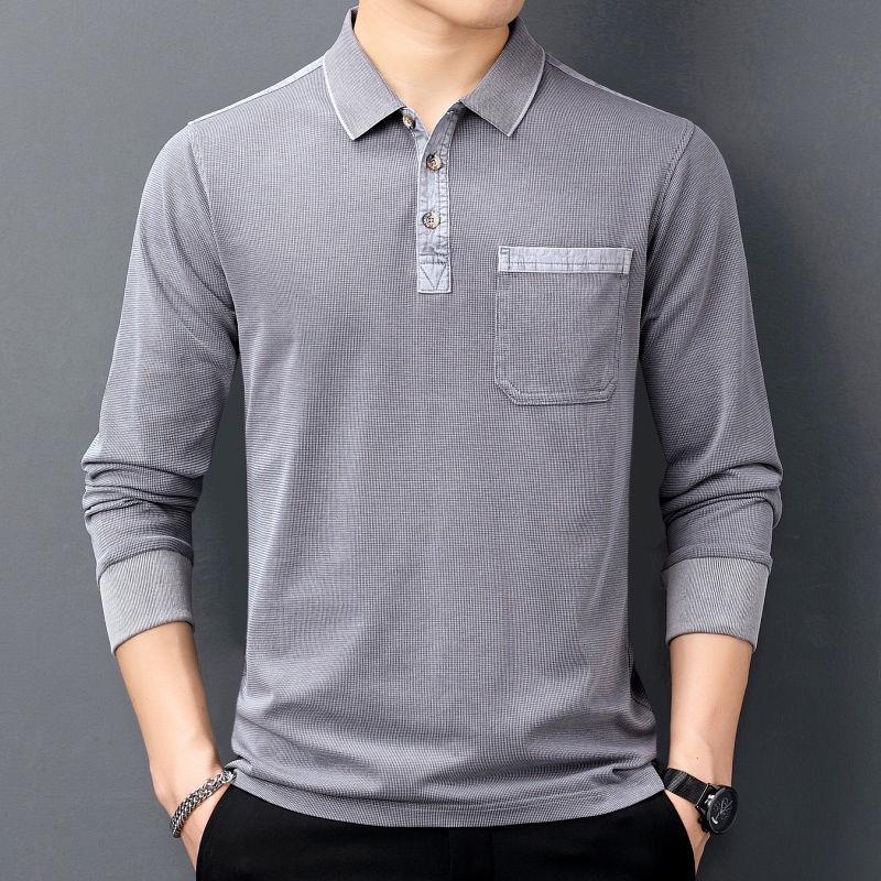 Men's Long-Sleeve Turn-Down Collar Polo Shirt with Ribbed Cuffs and Pocket, Loose Fit