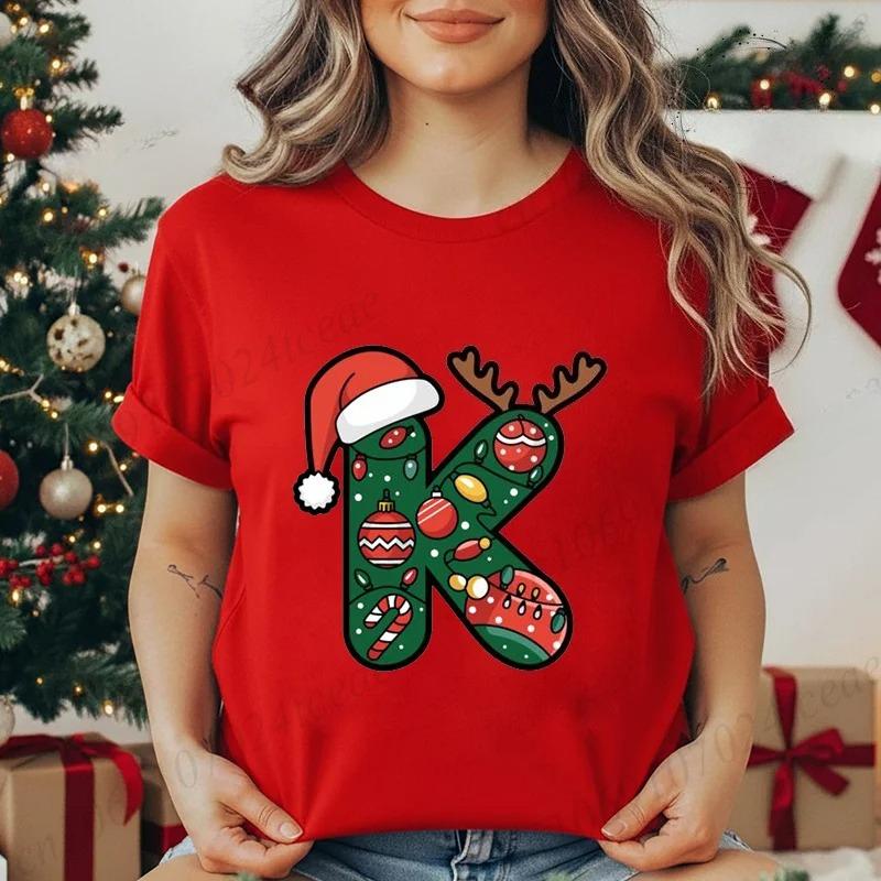 Festive Christmas Alphabet Letter Santa Hat Print Tshirt for Women Fashion T Shirt Streetwear Female Clothes Casual clothing