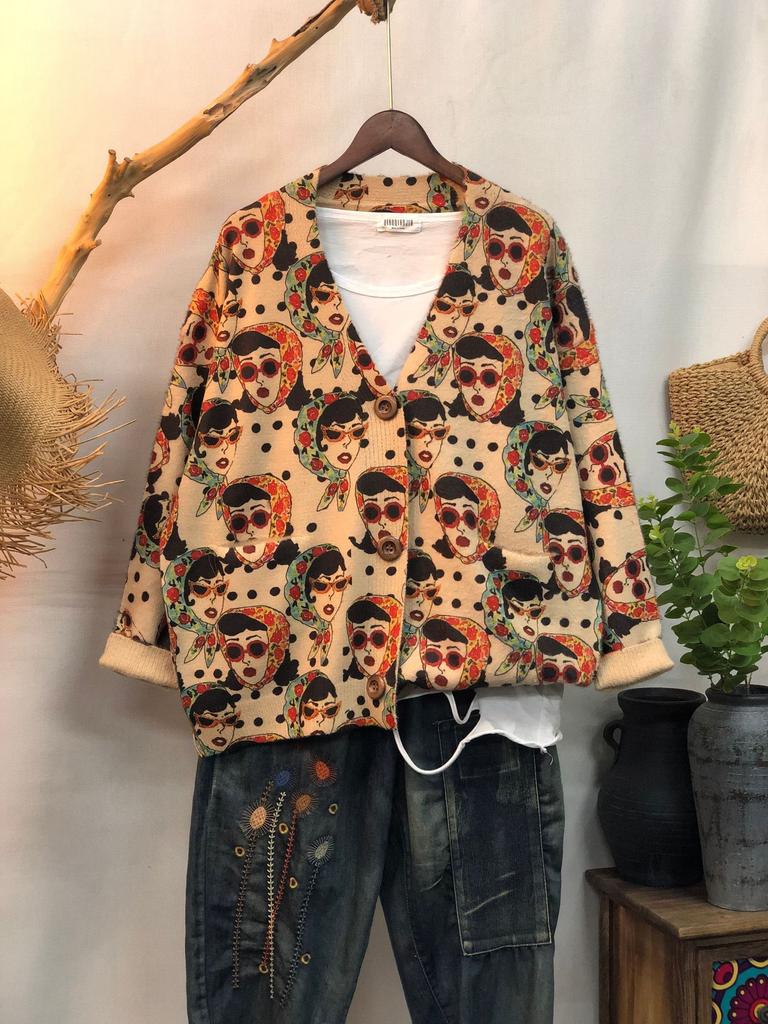 Factory new autumn and winter cute printed imitation mink velvet jacket women's Korean version loose lazy sweater