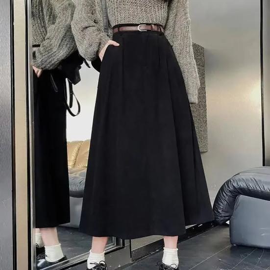 Women Skirt High Waist A-Line Large Hem Design Midi Skirt Solid Color Autumn Winter Draped Skirt Daily Wear
