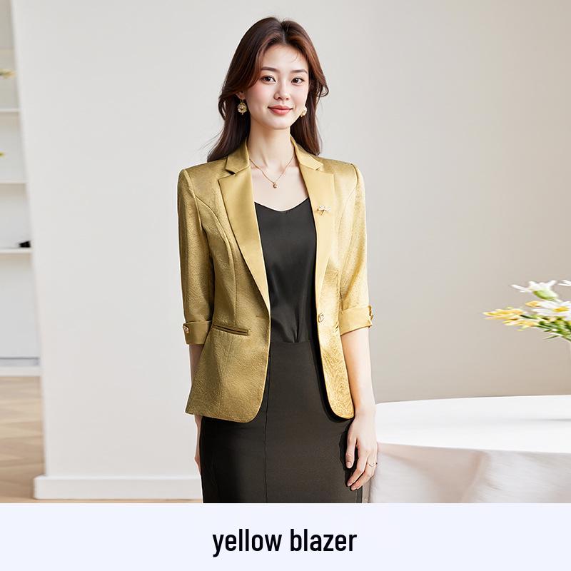 Women's Unique White Acetate Satin Blazer - Seven-Sleeve Short Design for Spring & Autumn