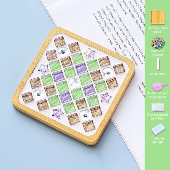 DIY Glass Mosaic Tile Coaster Set Mixed Color Mosaic Kit with Wooden Coaster Kids Adults Handmade Mosaic Crafts Coaster with Accessories