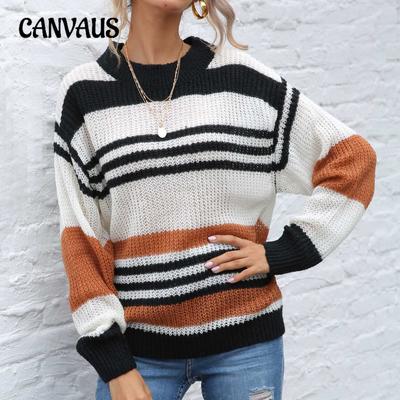 Women's Striped Pullover Sweater Autumn and Winter Sweater Bottom Sweater Knit Sweater Round Neck Sweater