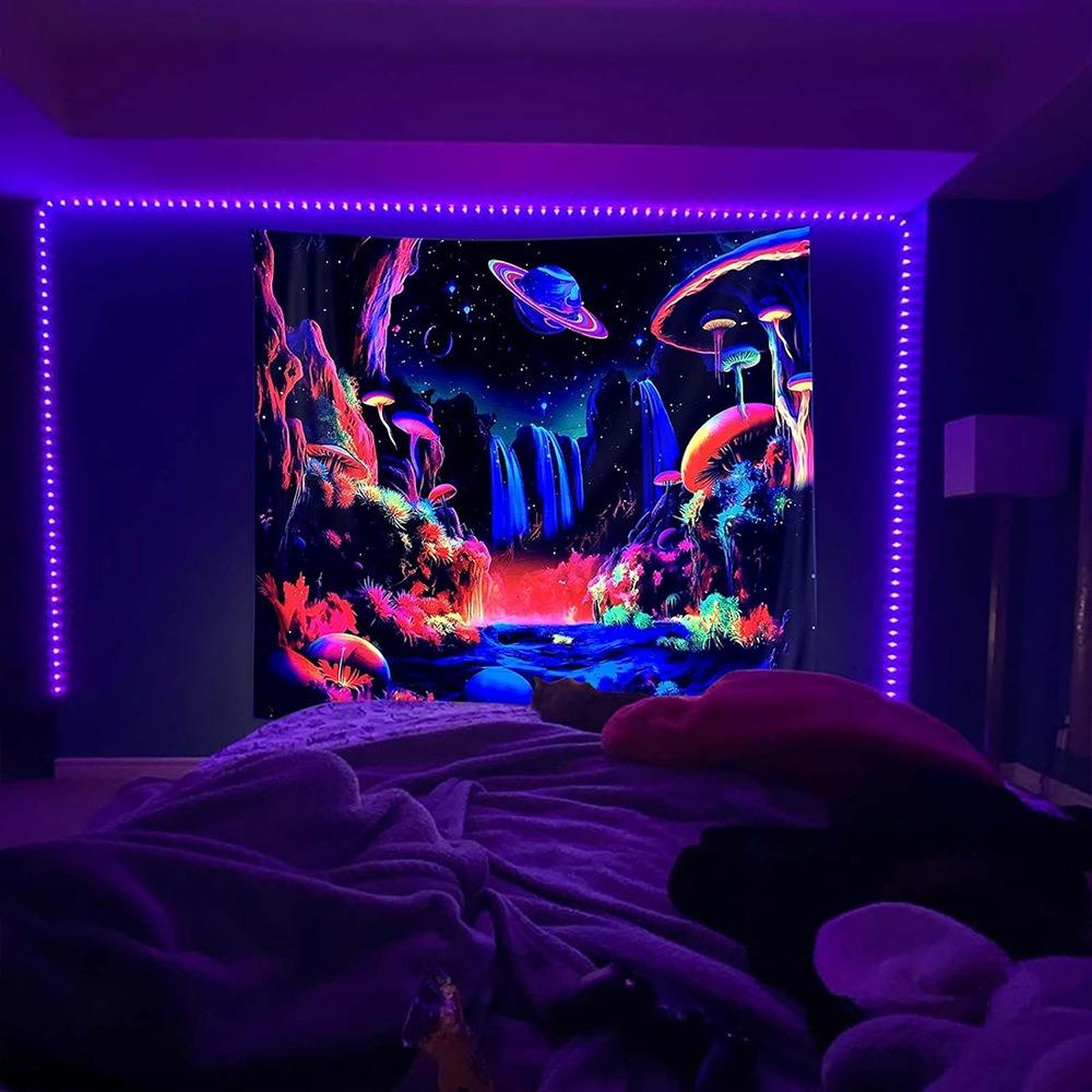 UV Reactive Blacklight Tapestry Trippy Skull Alien Mushroom 2D Flat Printed Peach Skin Wall Hanging Bedroom Aesthetic Room Decor