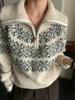 Damski sweter z wełny Fair Isle z wysokim kołnierzem i zamkiem błyskawicznym - Jesień/Zima Luźny dzianinowy