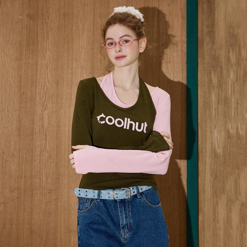 COOLHUT American Vintage Color-Block Cold Shoulder Slim Long-Sleeve Top