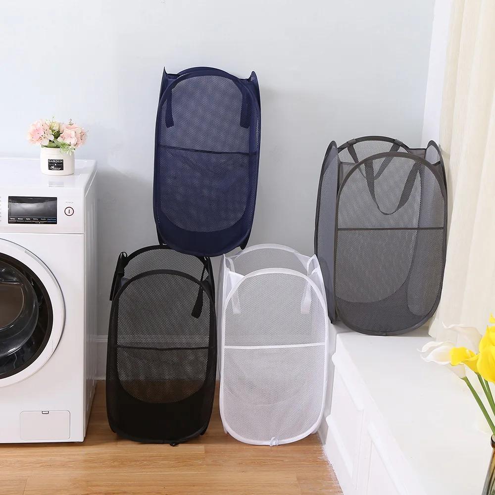 2pcs Large Capacity Dirty Clothes Basket Storage Bucket Mesh Bathroom Portable Foldable Dirty Clothes Basket