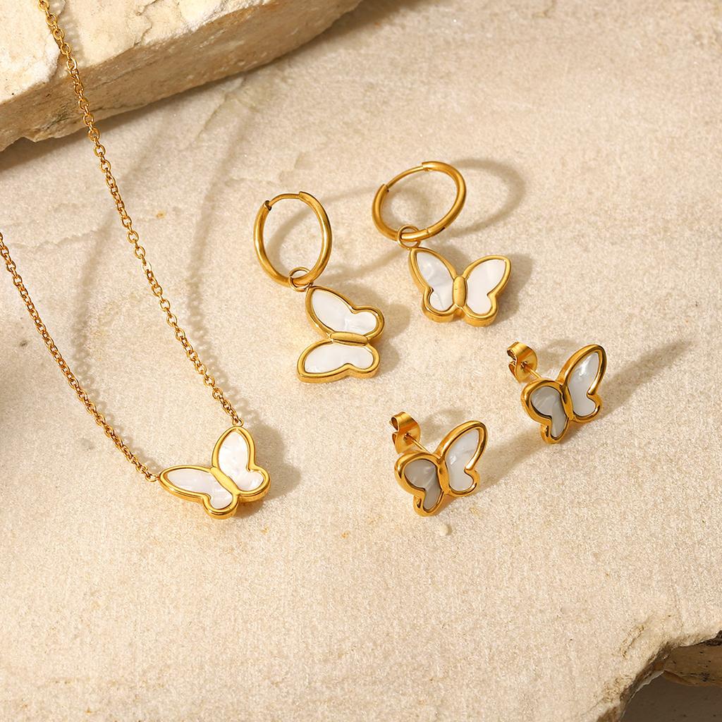 18K gold natural white shell butterfly shape simple stud earrings 14K gold white shell butterfly gold chain stainless steel necklace