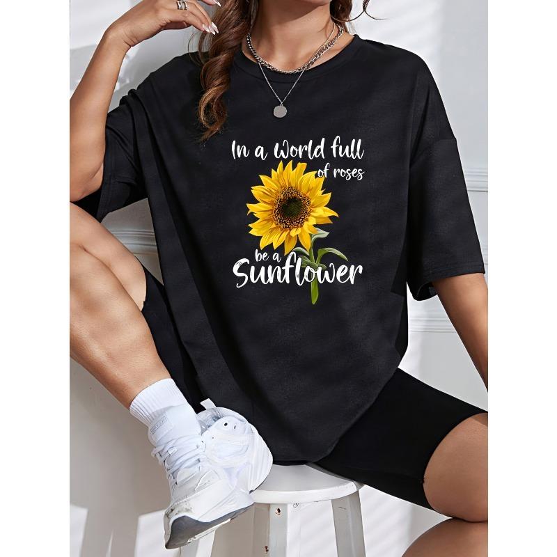 White Crew Neck T Shirt With Sunflower And Text Design For Casual Wear