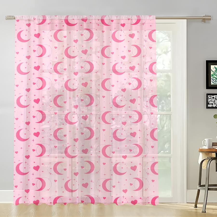 

Single Panel Pink Star Moon Heart Print Gauze Curtain Romantic Valentine Day Style Suitable Bedroom Living Room Curtains Polyester Great Window W100*H70(CM)-Grommet top&2PCS