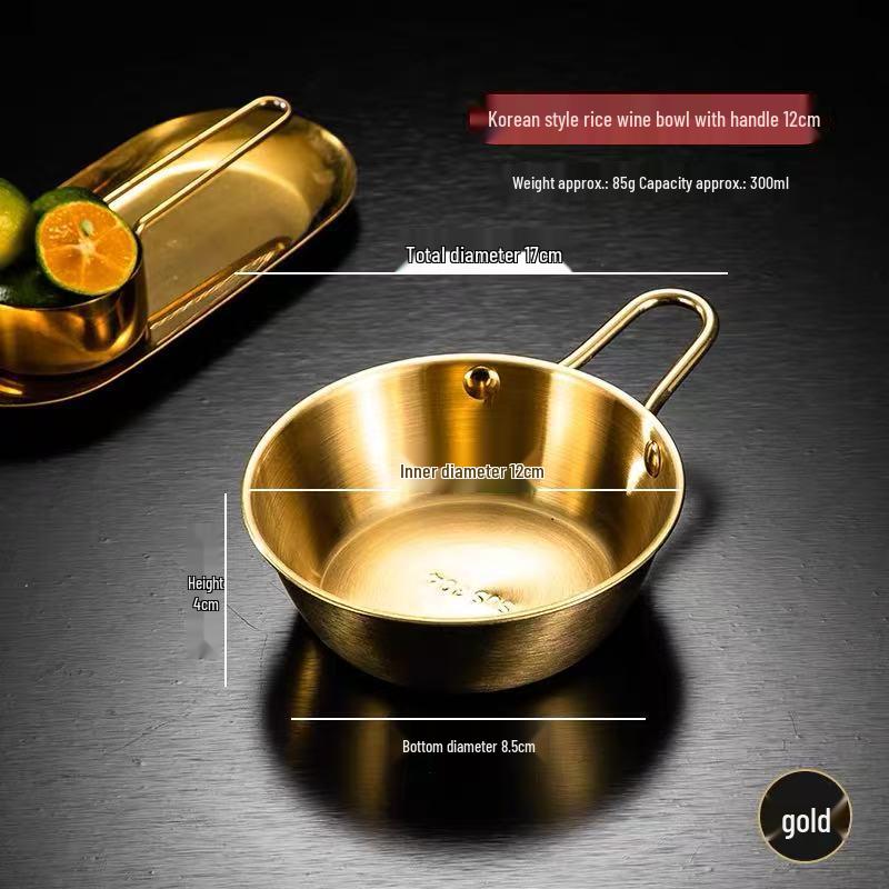 Juego de Cuenco para Vino de Arroz y Plato para Aperitivos de Acero Inoxidable con Doble Asa Estilo Coreano