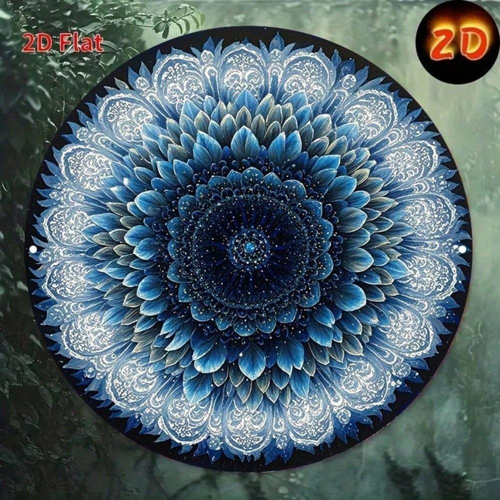Vintage Retro Blue Sunflower Metal Wall Art 8x8 Inch Round Aluminum Geometric Floral Home Decor