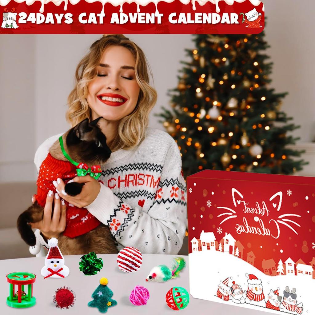 Cat Advent Calendar Christmas Blind Box Christmas Countdown Calendar for Kitten with 24 Pcs Assorted Cat Christmas Toys Gifts