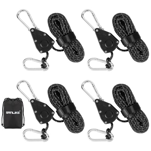 

SANLIKE Rope Ratchet Adjustable Tent Rope 4-Pack Easy-to-Use Ratchet Type Rope with Pulley Camping & Tarp Cord Adjustable Reflective Rope Multipurpose