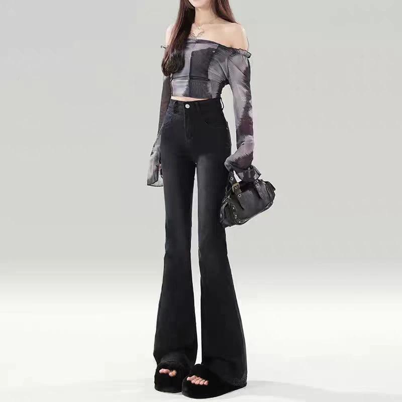Women s Plus Size High-Waist Black and Gray Micro Flare Jeans - Slimming Stretch Pants for Pear Shapes S