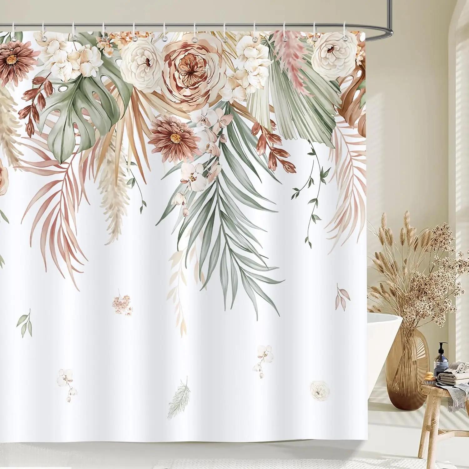 

Watercolor Tan Leaf Flower Leaf Shower Curtain Modern Home Decorative Waterproof Shower Curtain with 12 Hooks 180X180CM 90X180CM