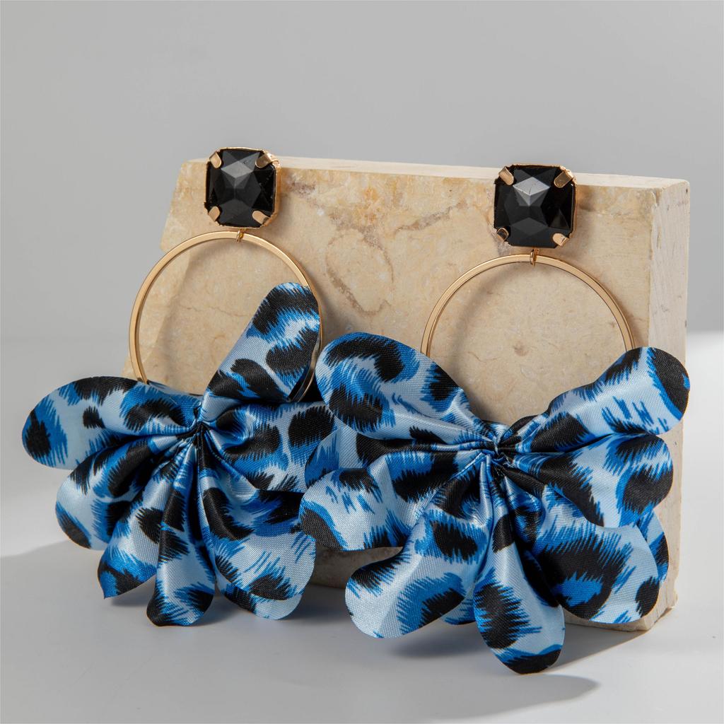 Grenzüberschreitende Mode Übertriebene Bunte Leopardenmuster Stoffohrringe Geometrische Kreisförmige Ohrringe Imitations-Edelsteinbesetzte Ohrringe für Frauen