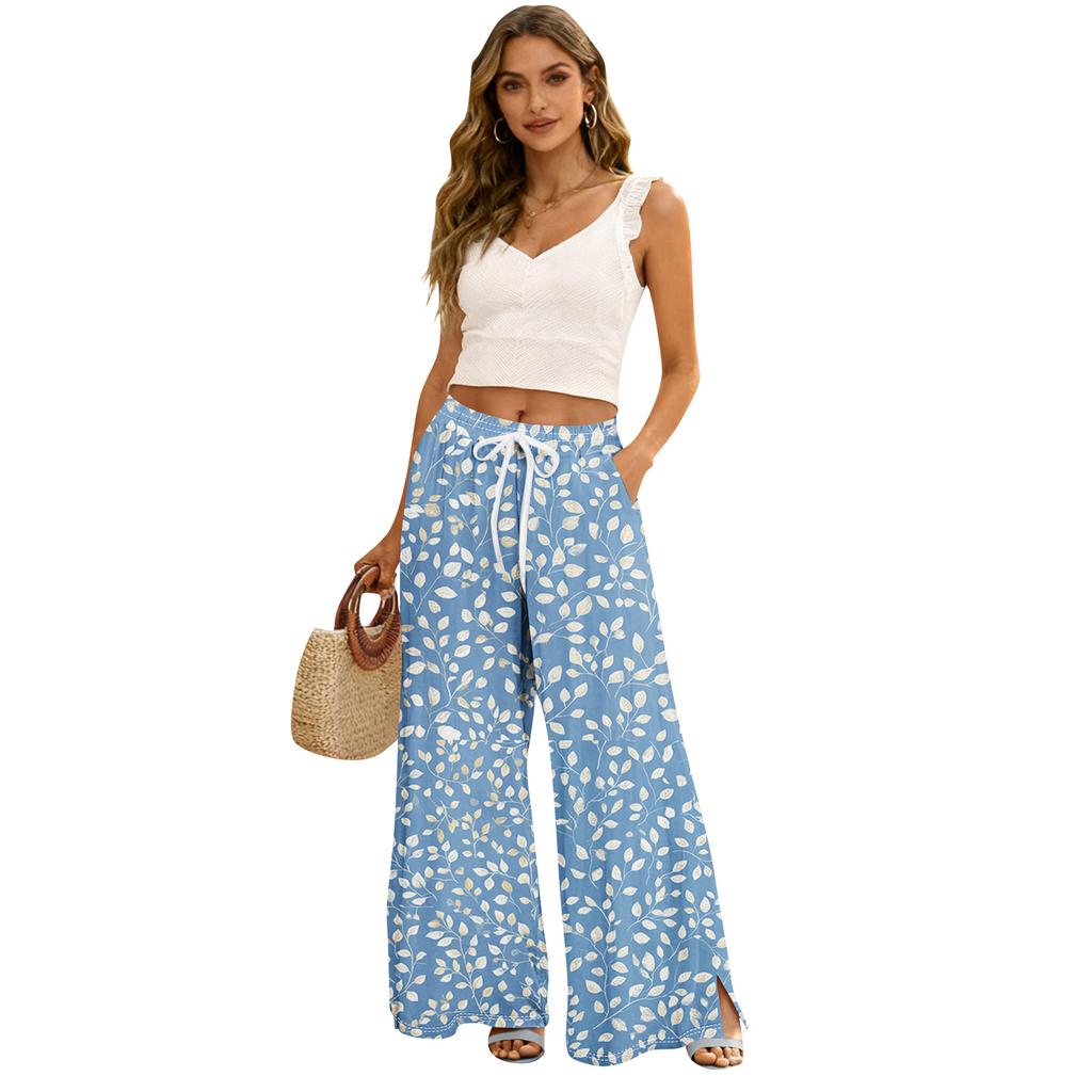 Damen Sommer Boho Palazzo Hose Hohe Taille Weites Bein Blumendruck Freizeithose Mit Taschen