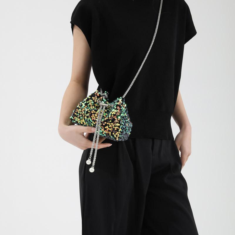 Stylish Bucket Bag With Shimmering Sequins In Black Purple Green Or Colorful Options