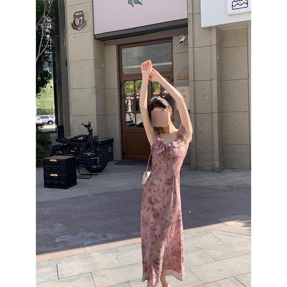 

French casual long butterfly print lotus leaf edge thin dress women s summer new waist temperament skirt tide XL- (recommended 110-60kg)