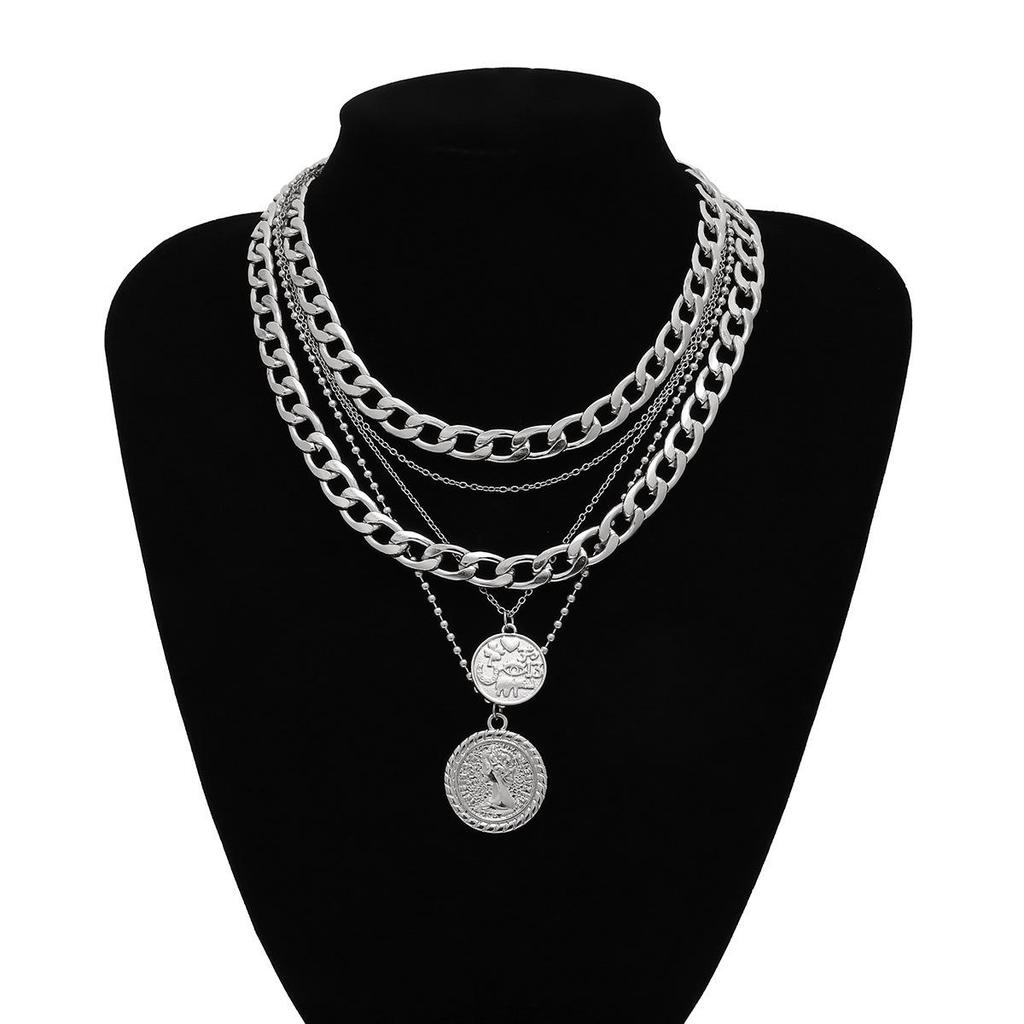 Vintage Multi-Layer Coin Necklace for Women - European & American Style Queen Image Jewelry