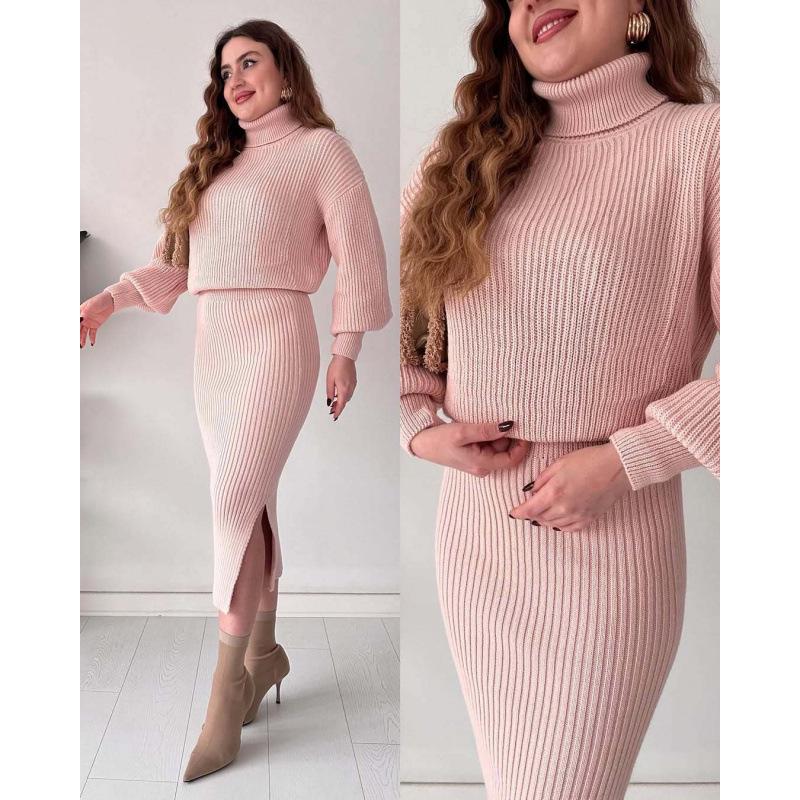 2025 A/W Solid Color High Neck Pullover & Slit Skirt Set