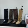 Inner Height Increasing Suede Pants Boots Long Knight Boots Women's Boots Autumn and Winter Square Head Skinny Pile Boots Long Boots
