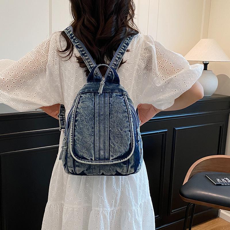 Washed denim backpack women go out small backpack