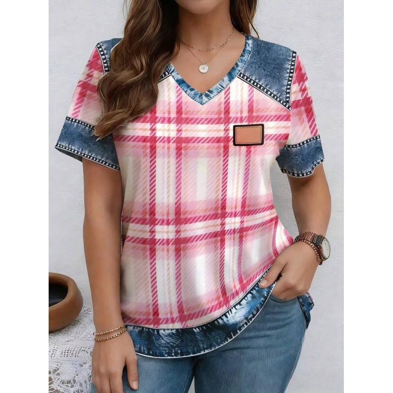 V-Neck Short Sleeve T-Shirt With Blue White Striped Print Loose Fit Casual Top Women 2025