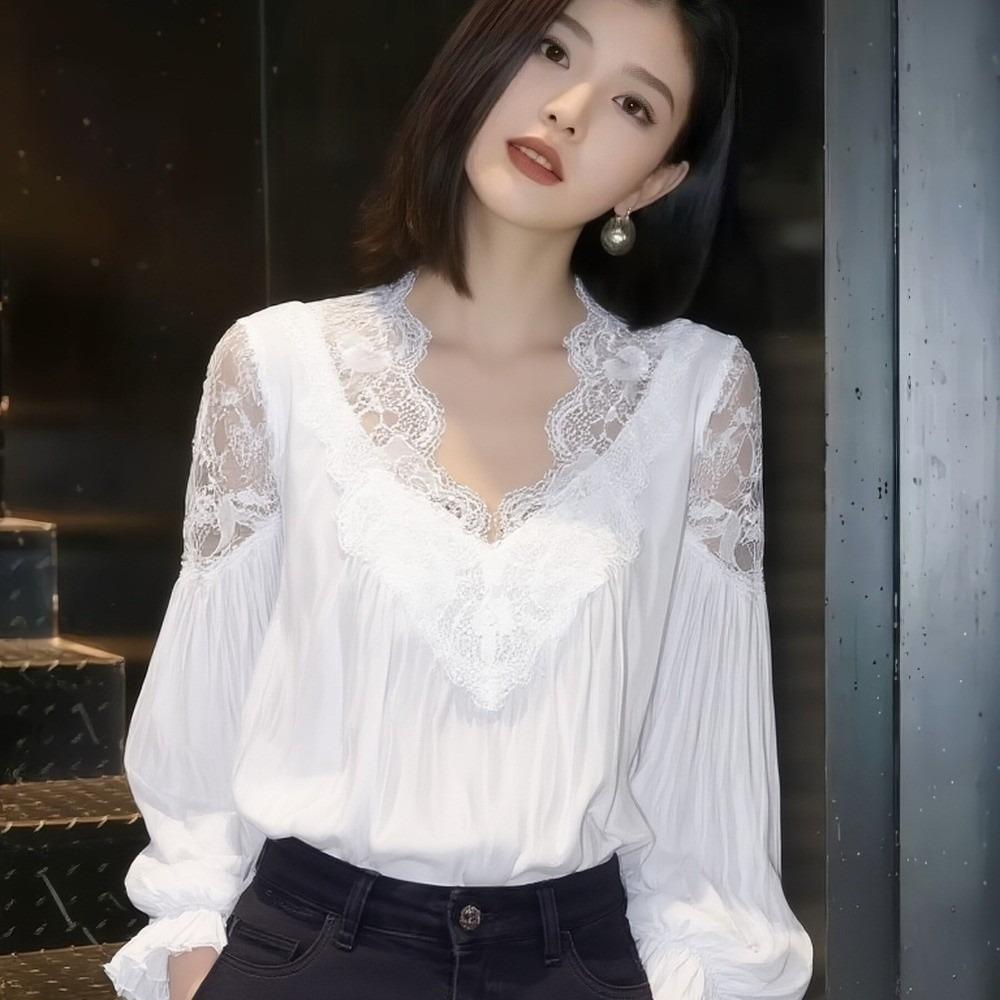 T-shirts Respirants Col en V Coupe Droite Manches Lanterne Blouse Hauts Élégants avec Inserts en Dentelle Dame