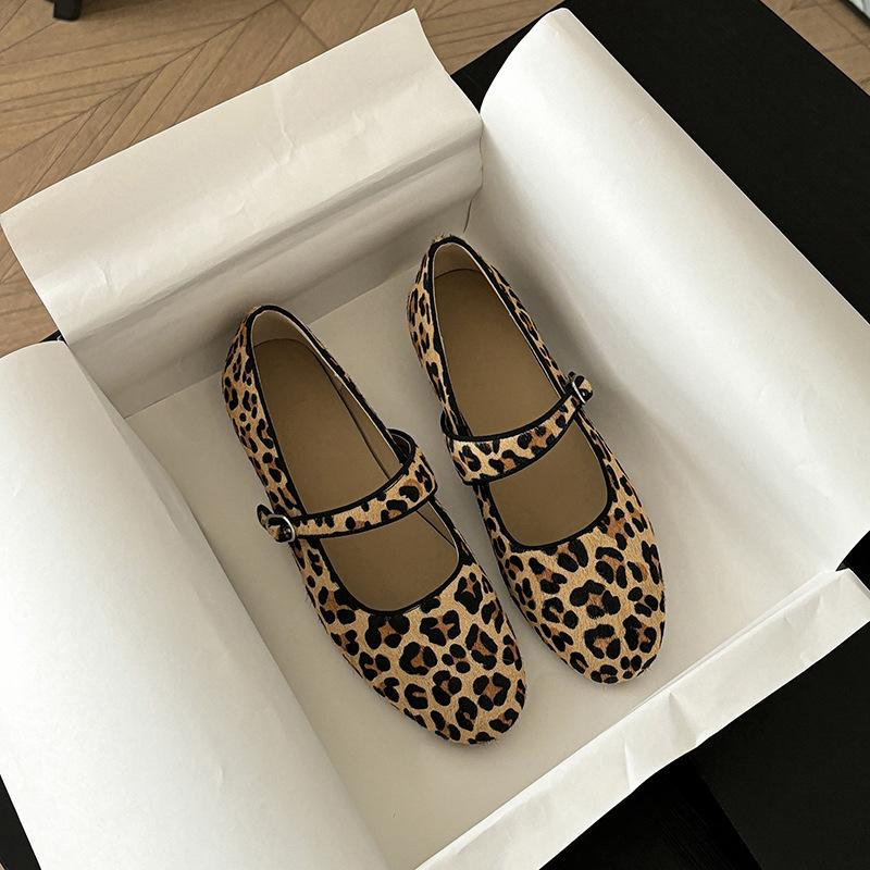 2025 Autumn New Retro Round Head Ballet Shallow Mouth One-word Buckle Flat-soled Leopard Print Single Shoes Women's Mary Jane Shoes