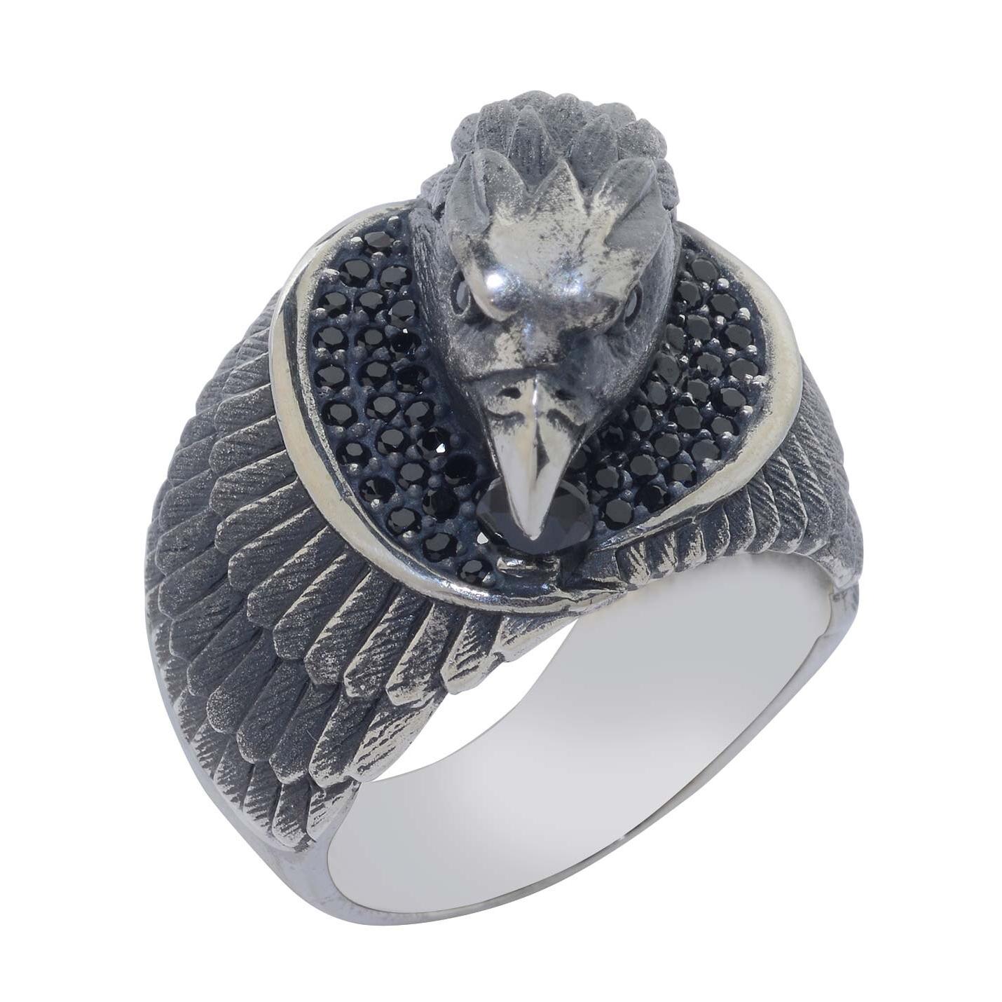 

Серебряное мужское кольцо с мини-черным камнем и головой орла 3D