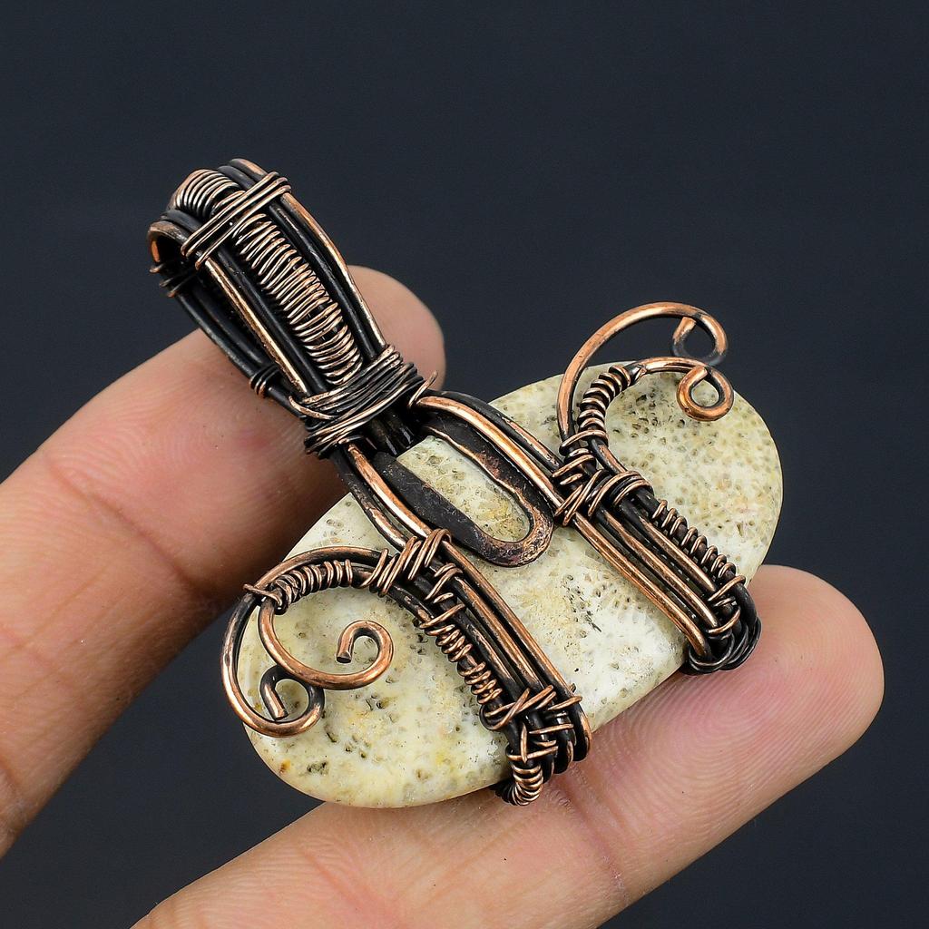Fossil Coral 999 Copper Wire Wrapped Pendant Handmade Gemstone Jewelry, Gifts For Wife Brand New Jewelry Pendant