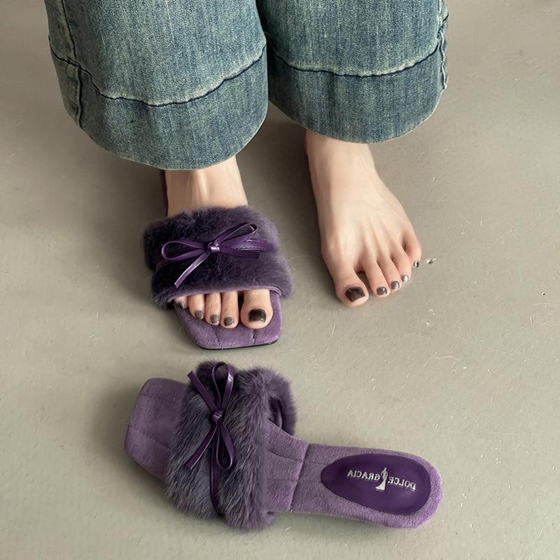 Autumn and winter fashion retro bow wedge heel fluffy slippers simple word casual outer wear women's cotton mop