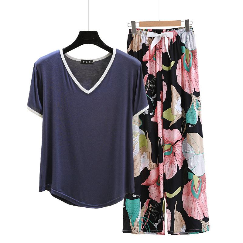 Modal Loungewear V-Neck color-block Tshirt and Floral Wide leg pants Summer Thin Pajamas sets Casual Plus size Homewear 2pcs suit Comfort clothing