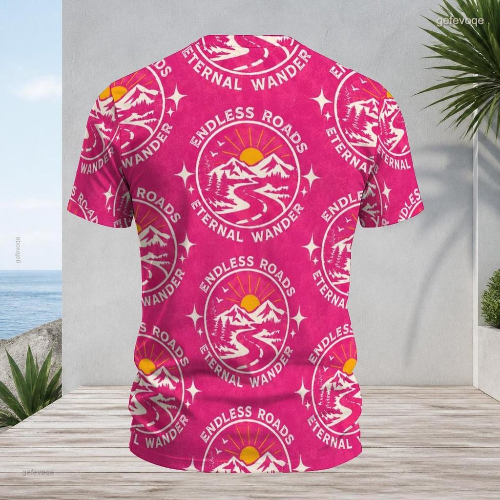 Men Plus Size V Neck Short Sleeve T Shirt Retro Mountain Print Brown Casual Pullover