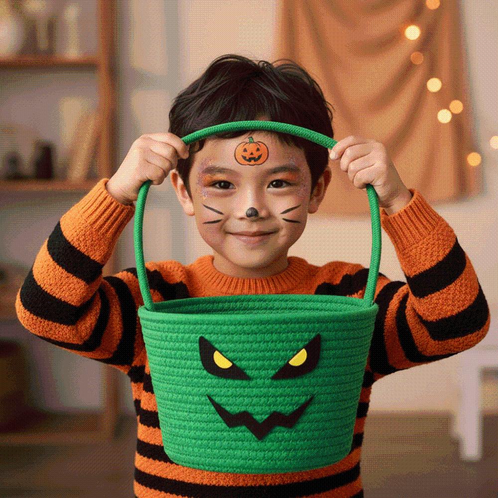 Braided Pumpkin Candy Bucket Orange Trick Treat Tote Woven Storage Pouch Home