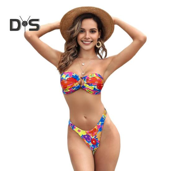2 stk/sett Dame Bikini Sett Bandeau Polstret Trådløs Bikini BH Høy midje Badebukser Sett Splittdesign Blomstertrykk Badebukt
