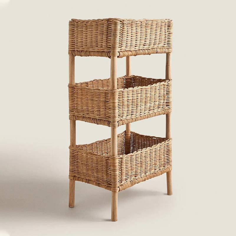 Floor Rattan Woven Storage Shelves Toy Debris Shelving Hand-Woven Solid Wood Multilayer Storage Baskets