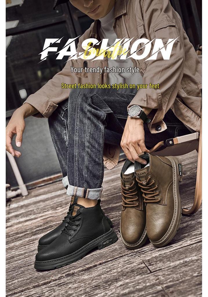 Men's Plus Size Fleece-Lined Leather High-Top Motorcycle Boots - Retro Warm Workwear Style