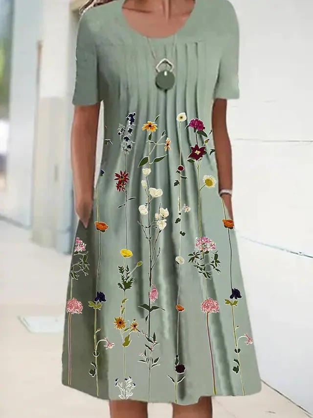 Women's Round Neck Pleated Front Floral Print Short Sleeve Midi Dress With Side Pockets
