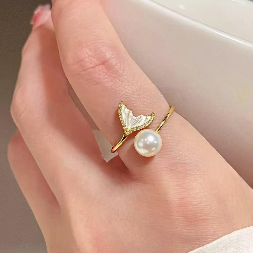 Natural Freshwater Pearl Ring with Micro Inlaid Zircon and Open Fish Tail Design, Fashionable Handmade Jewelry for Women's Pearl Jewelry