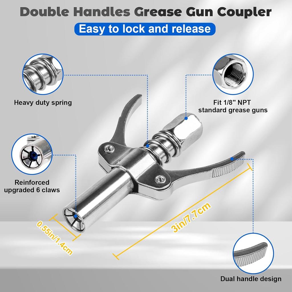 9PCS Grease Accessory Kit, Grease Coupler With Double Handles Coupler,90°Grease Coupler Adapter,Recessed Fitting Adapter,2 Needle Nozzles,3 Zerk