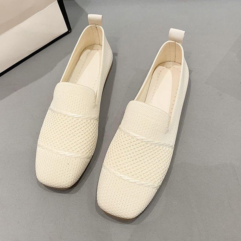 Spring and summer single shoes foreign trade fly-woven soft soles one pedal square head casual knitted shoes Doudou shoes women's shoes low-top flat