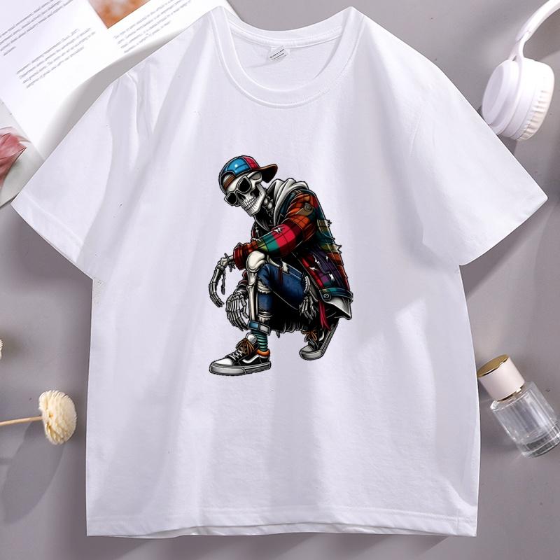 Unisexs Cotton Short Sleeve Skull Graphic Tee Casual Round Neck Short Sleeve Tshirt Cotton Printed Streetwear Male Clothing Tops